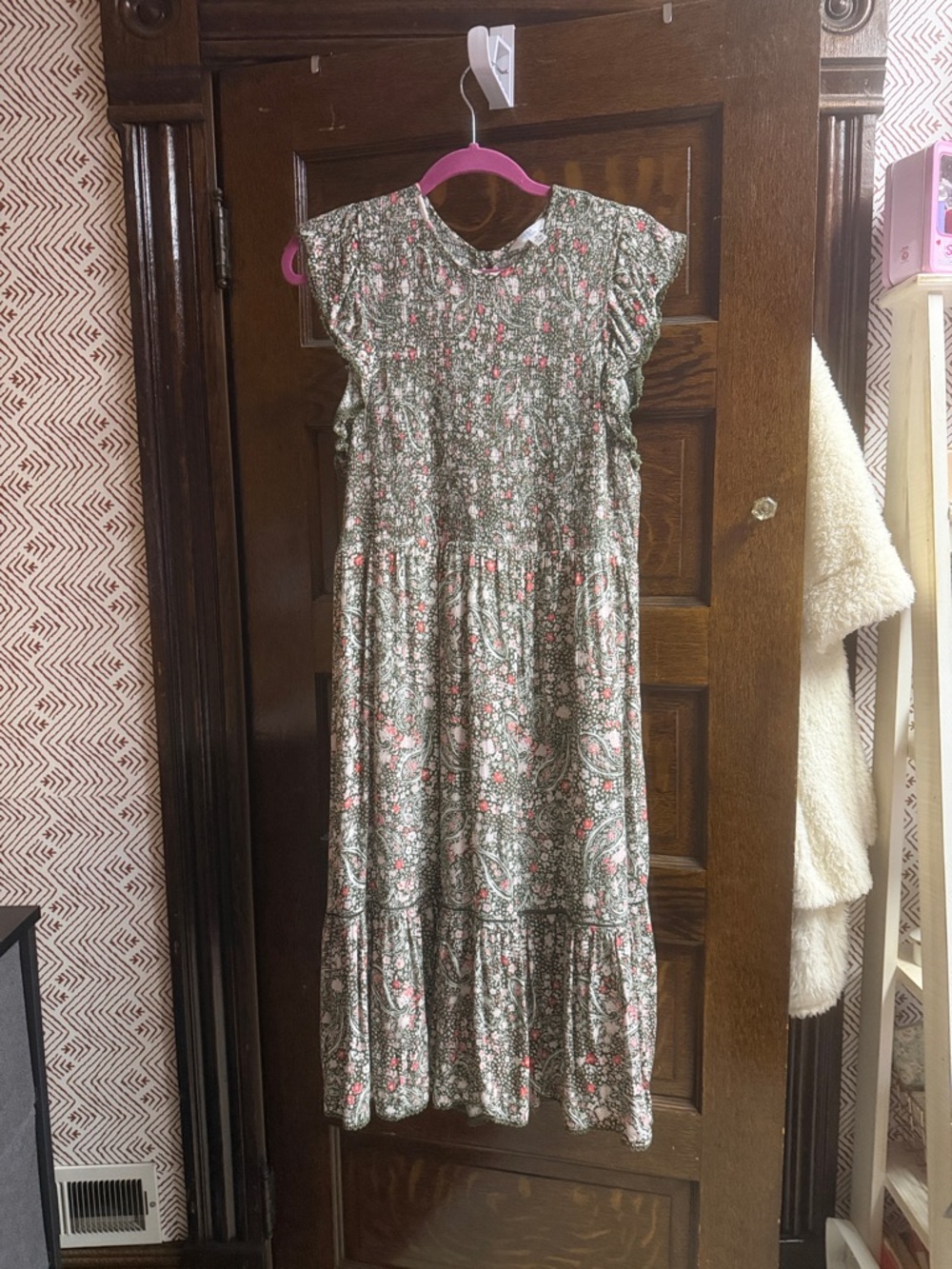 Time and Tru Olive Green Smocked Floral Top with Pink Accents